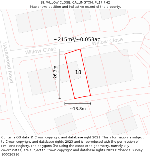 18, WILLOW CLOSE, CALLINGTON, PL17 7HZ: Plot and title map