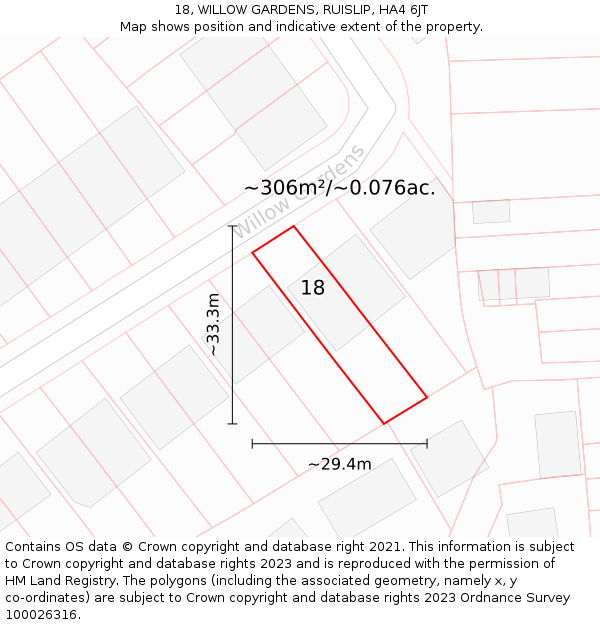 18, WILLOW GARDENS, RUISLIP, HA4 6JT: Plot and title map