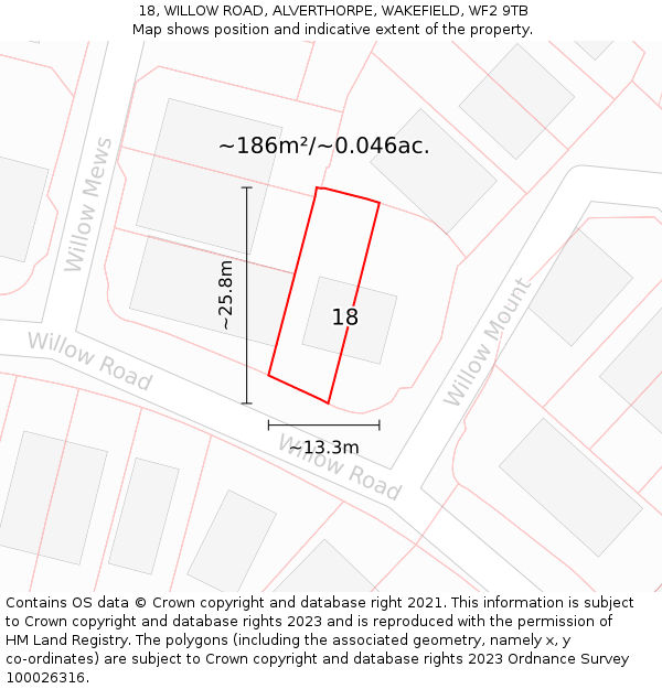 18, WILLOW ROAD, ALVERTHORPE, WAKEFIELD, WF2 9TB: Plot and title map