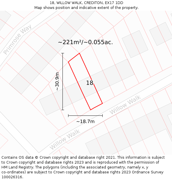 18, WILLOW WALK, CREDITON, EX17 1DD: Plot and title map