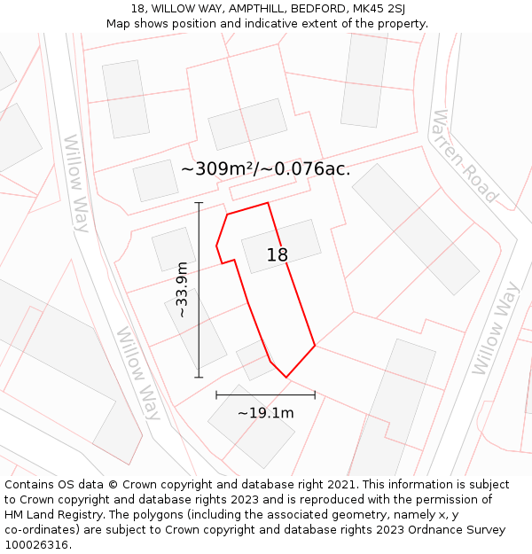 18, WILLOW WAY, AMPTHILL, BEDFORD, MK45 2SJ: Plot and title map