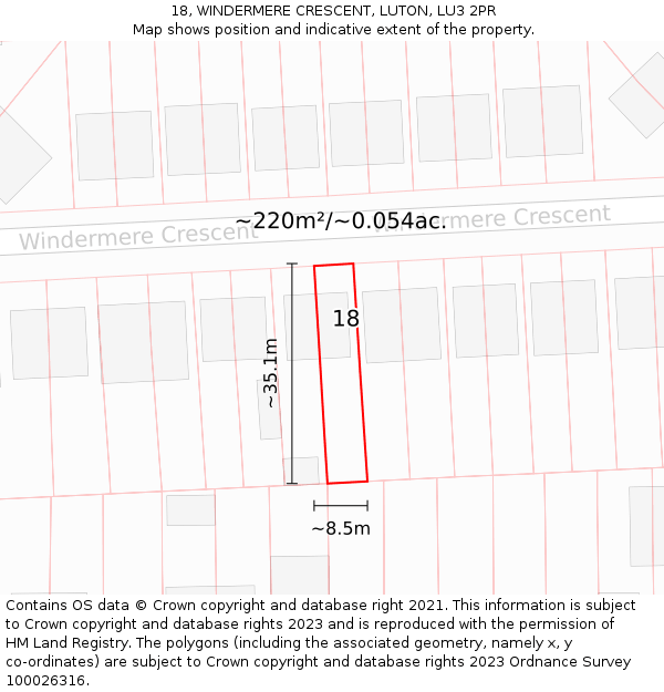 18, WINDERMERE CRESCENT, LUTON, LU3 2PR: Plot and title map