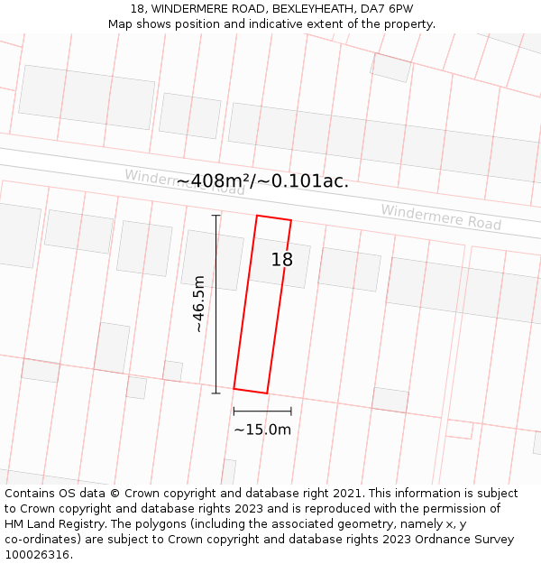 18, WINDERMERE ROAD, BEXLEYHEATH, DA7 6PW: Plot and title map