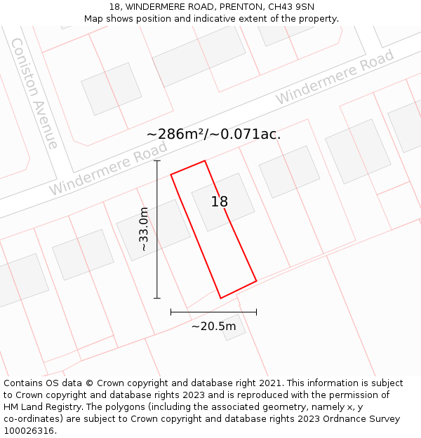 18, WINDERMERE ROAD, PRENTON, CH43 9SN: Plot and title map
