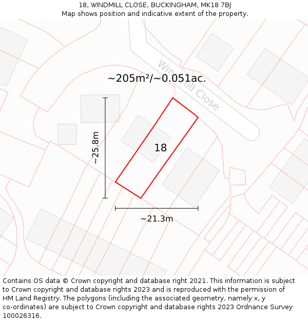 18, WINDMILL CLOSE, BUCKINGHAM, MK18 7BJ: Plot and title map