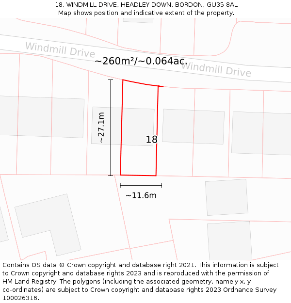 18, WINDMILL DRIVE, HEADLEY DOWN, BORDON, GU35 8AL: Plot and title map