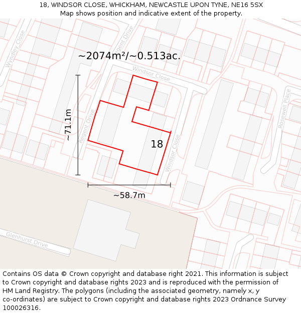 18, WINDSOR CLOSE, WHICKHAM, NEWCASTLE UPON TYNE, NE16 5SX: Plot and title map