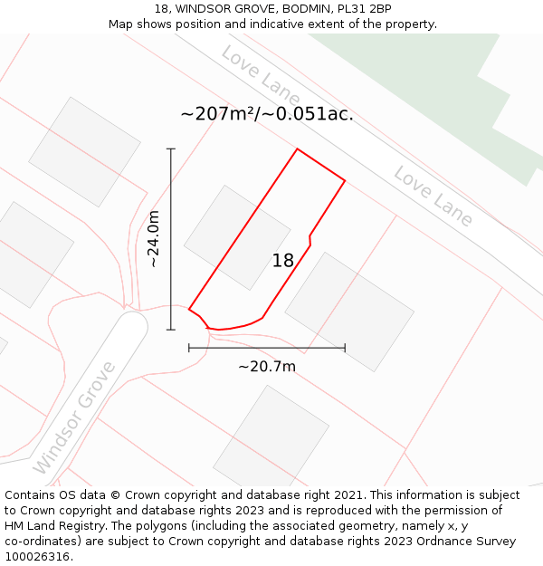 18, WINDSOR GROVE, BODMIN, PL31 2BP: Plot and title map