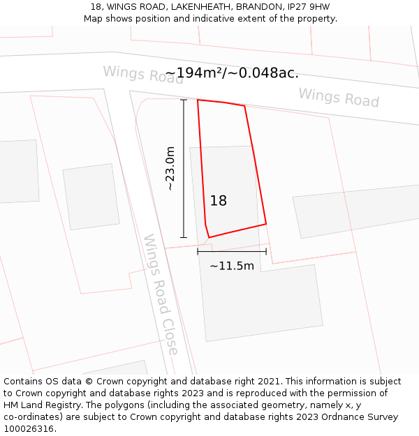 18, WINGS ROAD, LAKENHEATH, BRANDON, IP27 9HW: Plot and title map