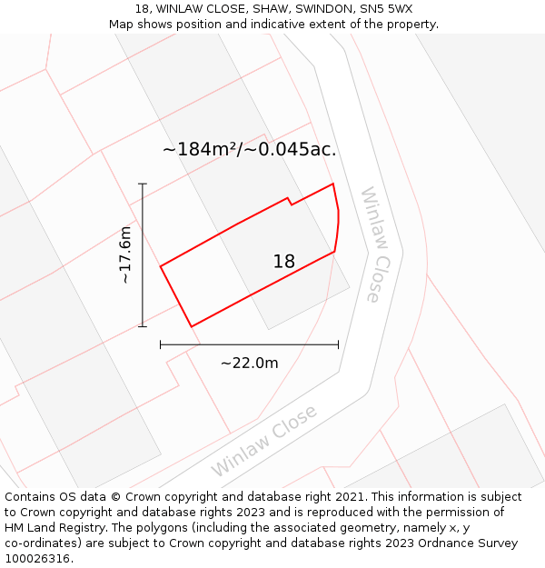 18, WINLAW CLOSE, SHAW, SWINDON, SN5 5WX: Plot and title map