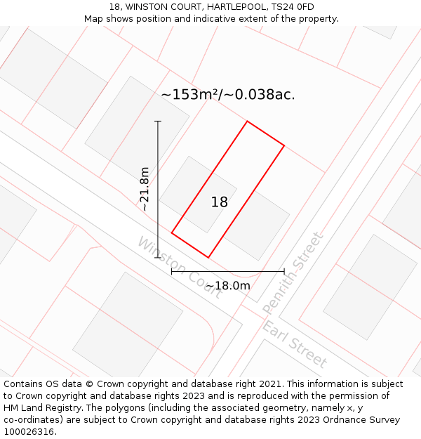 18, WINSTON COURT, HARTLEPOOL, TS24 0FD: Plot and title map