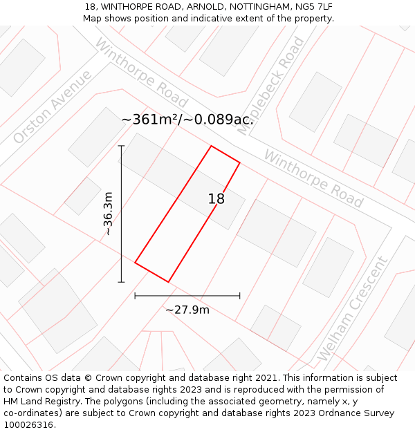 18, WINTHORPE ROAD, ARNOLD, NOTTINGHAM, NG5 7LF: Plot and title map