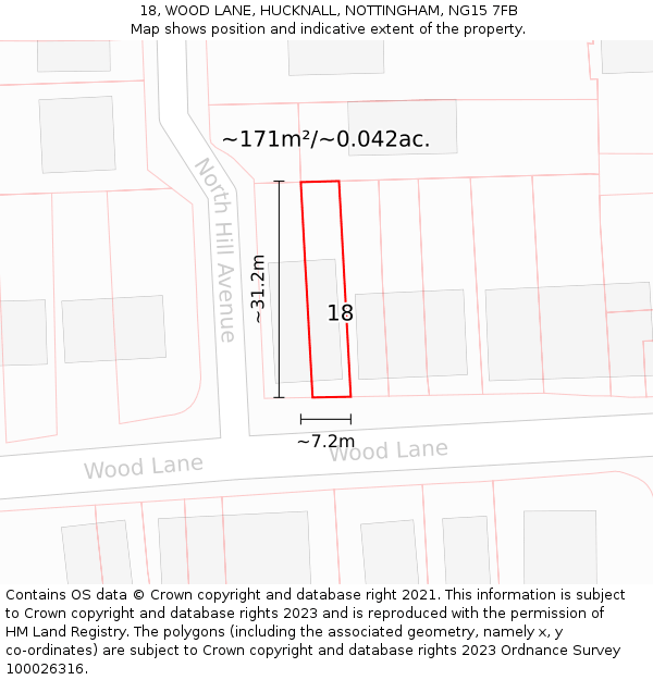 18, WOOD LANE, HUCKNALL, NOTTINGHAM, NG15 7FB: Plot and title map