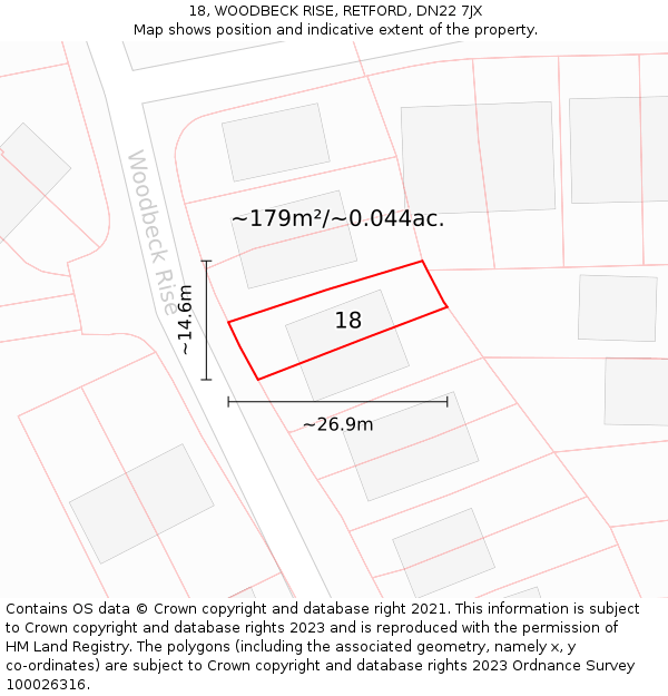 18, WOODBECK RISE, RETFORD, DN22 7JX: Plot and title map