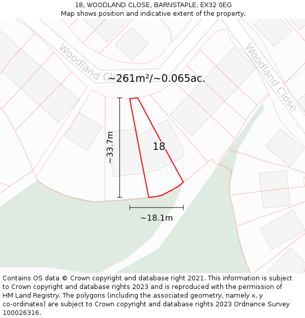 18, WOODLAND CLOSE, BARNSTAPLE, EX32 0EG: Plot and title map