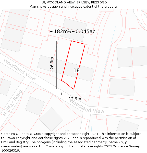 18, WOODLAND VIEW, SPILSBY, PE23 5GD: Plot and title map