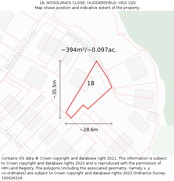 18, WOODLANDS CLOSE, HUDDERSFIELD, HD2 1QS: Plot and title map