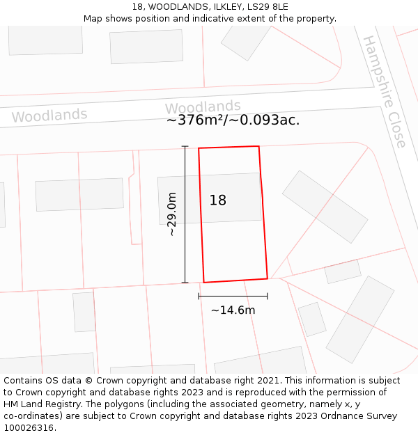 18, WOODLANDS, ILKLEY, LS29 8LE: Plot and title map