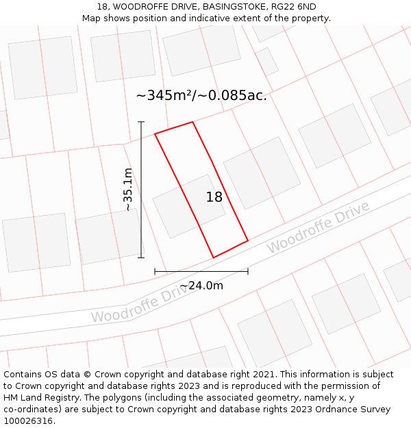 18, WOODROFFE DRIVE, BASINGSTOKE, RG22 6ND: Plot and title map
