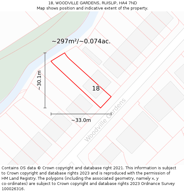 18, WOODVILLE GARDENS, RUISLIP, HA4 7ND: Plot and title map