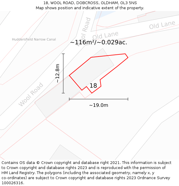 18, WOOL ROAD, DOBCROSS, OLDHAM, OL3 5NS: Plot and title map