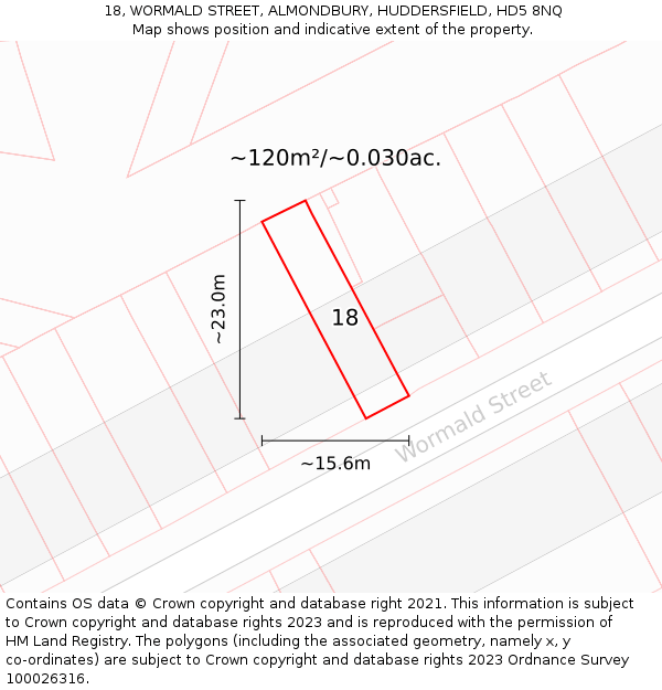 18, WORMALD STREET, ALMONDBURY, HUDDERSFIELD, HD5 8NQ: Plot and title map