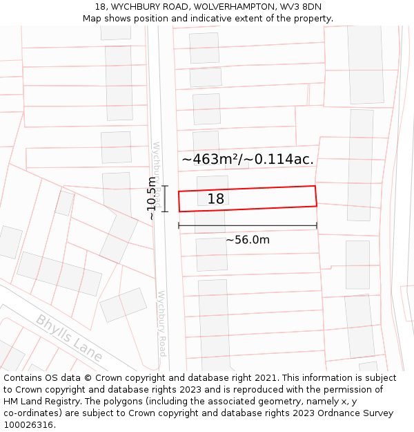 18, WYCHBURY ROAD, WOLVERHAMPTON, WV3 8DN: Plot and title map