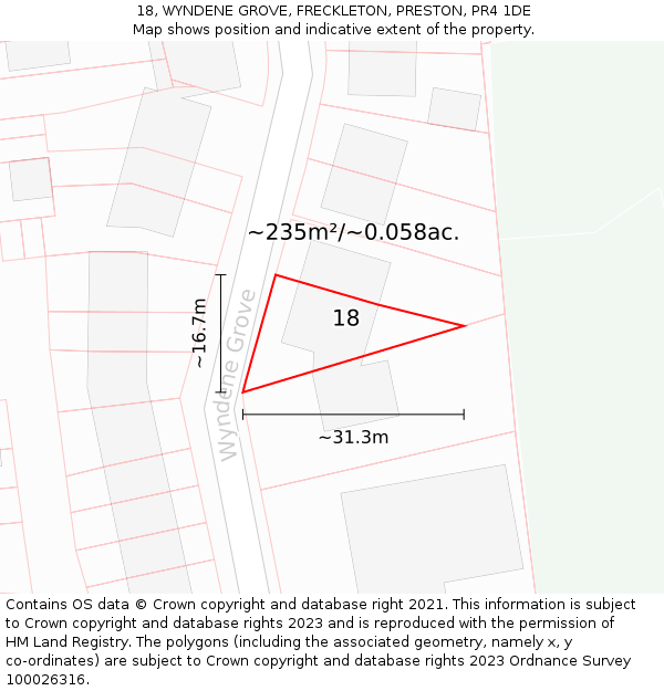 18, WYNDENE GROVE, FRECKLETON, PRESTON, PR4 1DE: Plot and title map