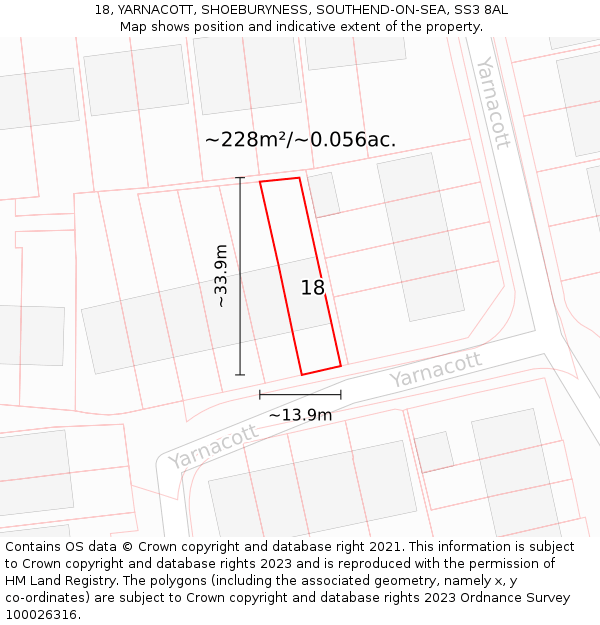 18, YARNACOTT, SHOEBURYNESS, SOUTHEND-ON-SEA, SS3 8AL: Plot and title map