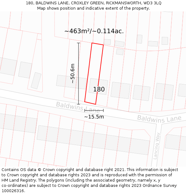 180, BALDWINS LANE, CROXLEY GREEN, RICKMANSWORTH, WD3 3LQ: Plot and title map