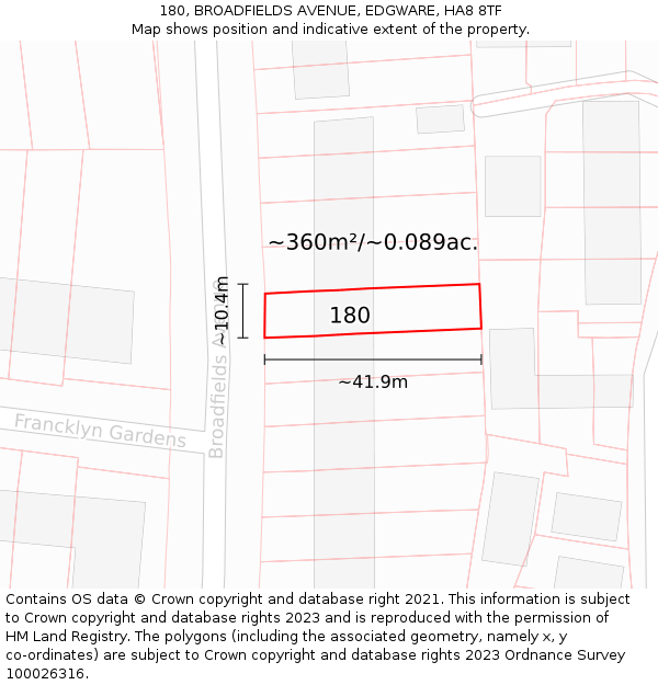 180, BROADFIELDS AVENUE, EDGWARE, HA8 8TF: Plot and title map