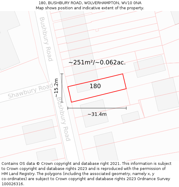 180, BUSHBURY ROAD, WOLVERHAMPTON, WV10 0NA: Plot and title map