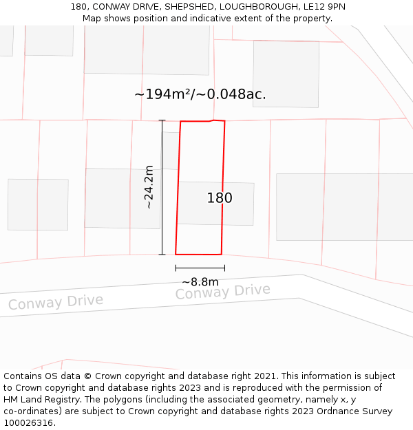 180, CONWAY DRIVE, SHEPSHED, LOUGHBOROUGH, LE12 9PN: Plot and title map