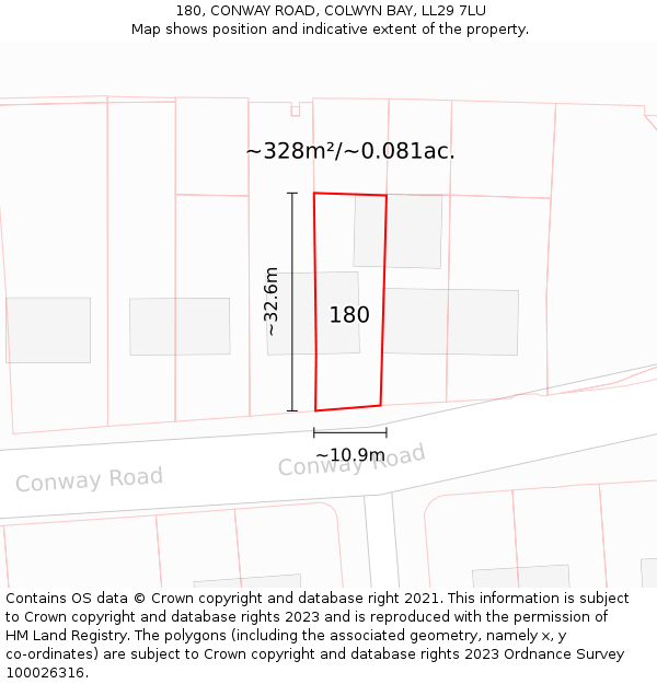 180, CONWAY ROAD, COLWYN BAY, LL29 7LU: Plot and title map