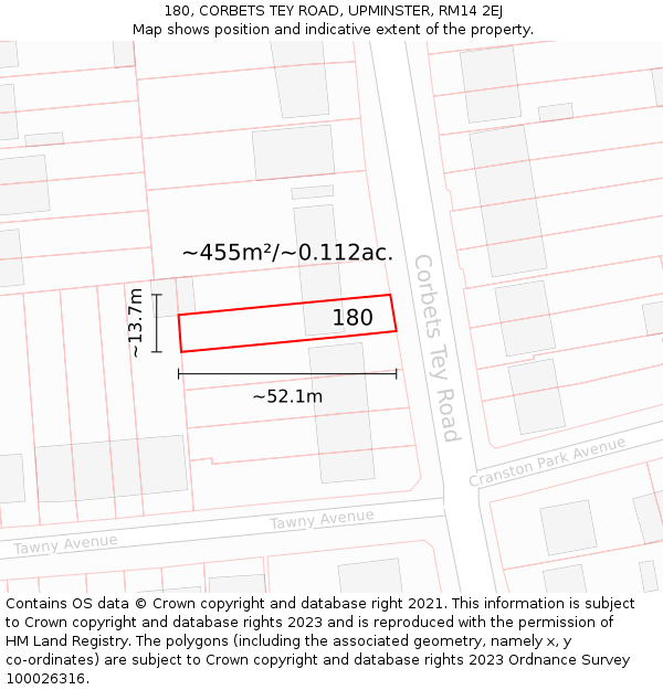 180, CORBETS TEY ROAD, UPMINSTER, RM14 2EJ: Plot and title map