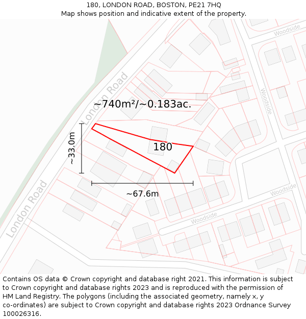 180, LONDON ROAD, BOSTON, PE21 7HQ: Plot and title map