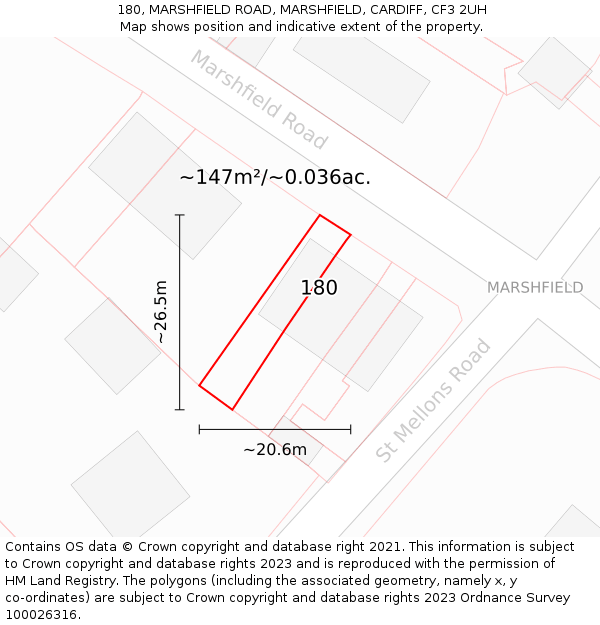 180, MARSHFIELD ROAD, MARSHFIELD, CARDIFF, CF3 2UH: Plot and title map