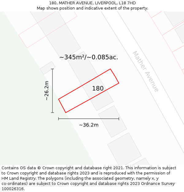 180, MATHER AVENUE, LIVERPOOL, L18 7HD: Plot and title map