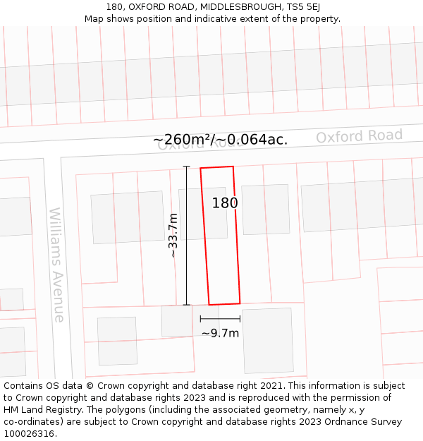 180, OXFORD ROAD, MIDDLESBROUGH, TS5 5EJ: Plot and title map