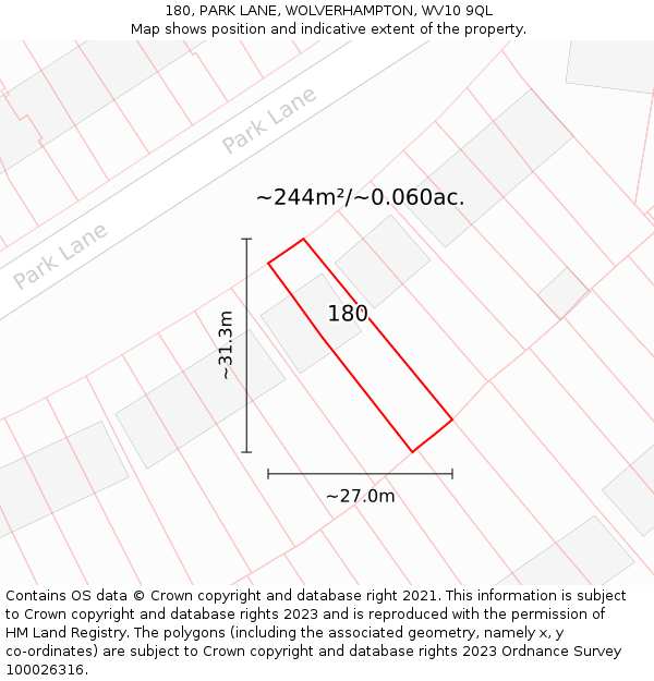 180, PARK LANE, WOLVERHAMPTON, WV10 9QL: Plot and title map