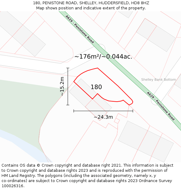 180, PENISTONE ROAD, SHELLEY, HUDDERSFIELD, HD8 8HZ: Plot and title map