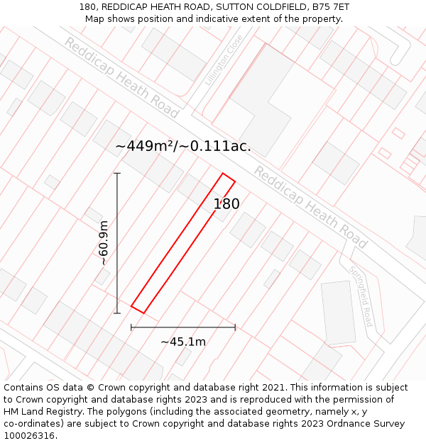 180, REDDICAP HEATH ROAD, SUTTON COLDFIELD, B75 7ET: Plot and title map