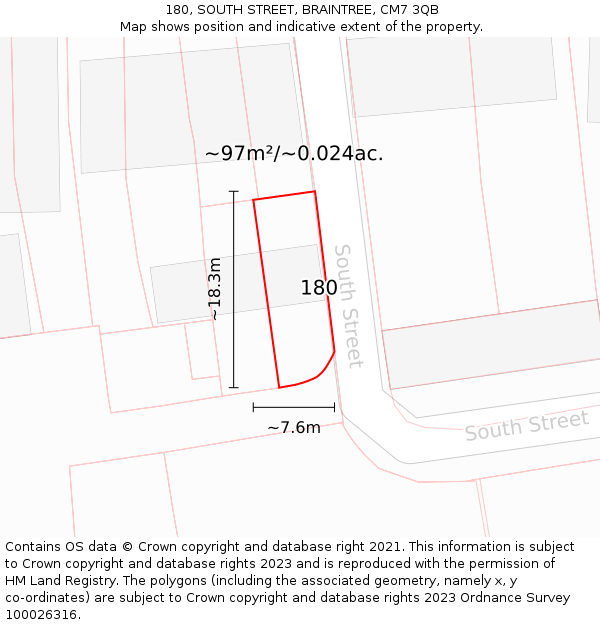 180, SOUTH STREET, BRAINTREE, CM7 3QB: Plot and title map