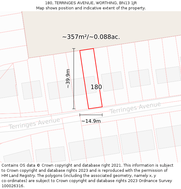180, TERRINGES AVENUE, WORTHING, BN13 1JR: Plot and title map