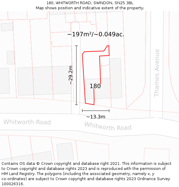 180, WHITWORTH ROAD, SWINDON, SN25 3BL: Plot and title map