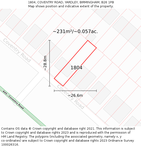 1804, COVENTRY ROAD, YARDLEY, BIRMINGHAM, B26 1PB: Plot and title map