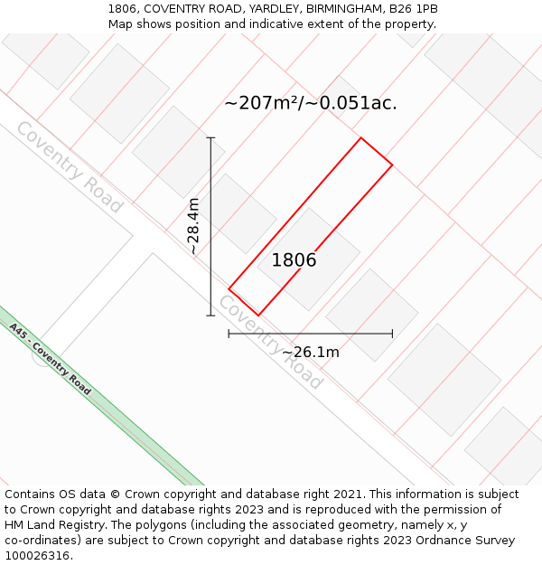 1806, COVENTRY ROAD, YARDLEY, BIRMINGHAM, B26 1PB: Plot and title map