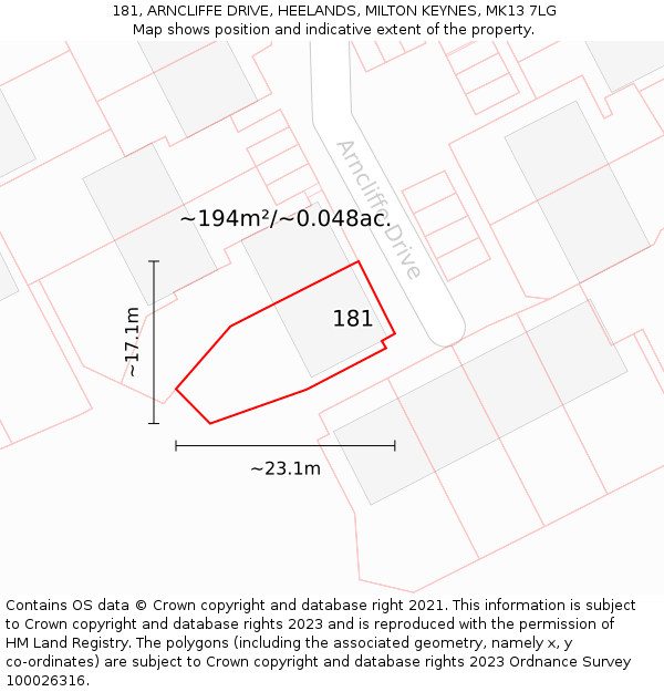 181, ARNCLIFFE DRIVE, HEELANDS, MILTON KEYNES, MK13 7LG: Plot and title map