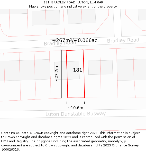 181, BRADLEY ROAD, LUTON, LU4 0AR: Plot and title map