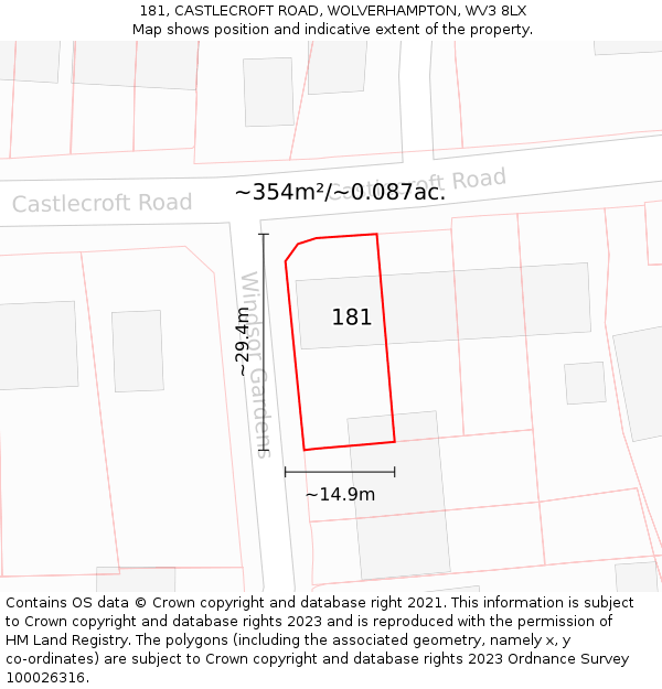 181, CASTLECROFT ROAD, WOLVERHAMPTON, WV3 8LX: Plot and title map
